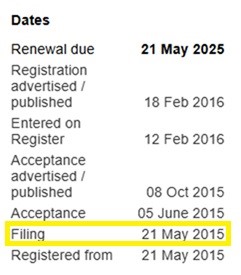 An image of the trade mark register highlighting the date of filing.