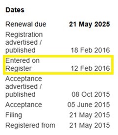 Image of the trade mark register highlighting the Entered on Register date