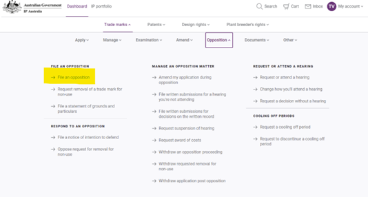 Screenshot of IP Australia's trade mark opposition webpage. The page shows three main sections: 'File an opposition' (showing options to file a new opposition or statement of grounds), 'Manage an opposition matter' (showing options for submission management, extensions, and withdrawal), and 'Request or attend a hearing' (showing hearing request options and cooling-off period requests). The Australian Government logo appears in the top left, with navigation menu options visible across the top of the page.