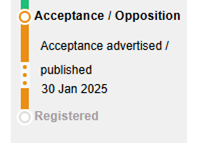 Status diagram showing trade mark application process. Current status: 'Acceptance / Opposition' (highlighted), with 'Acceptance advertised / published 30 Jan 2025' details below. Future status 'Registered' appears at bottom, indicating the next step in the process.