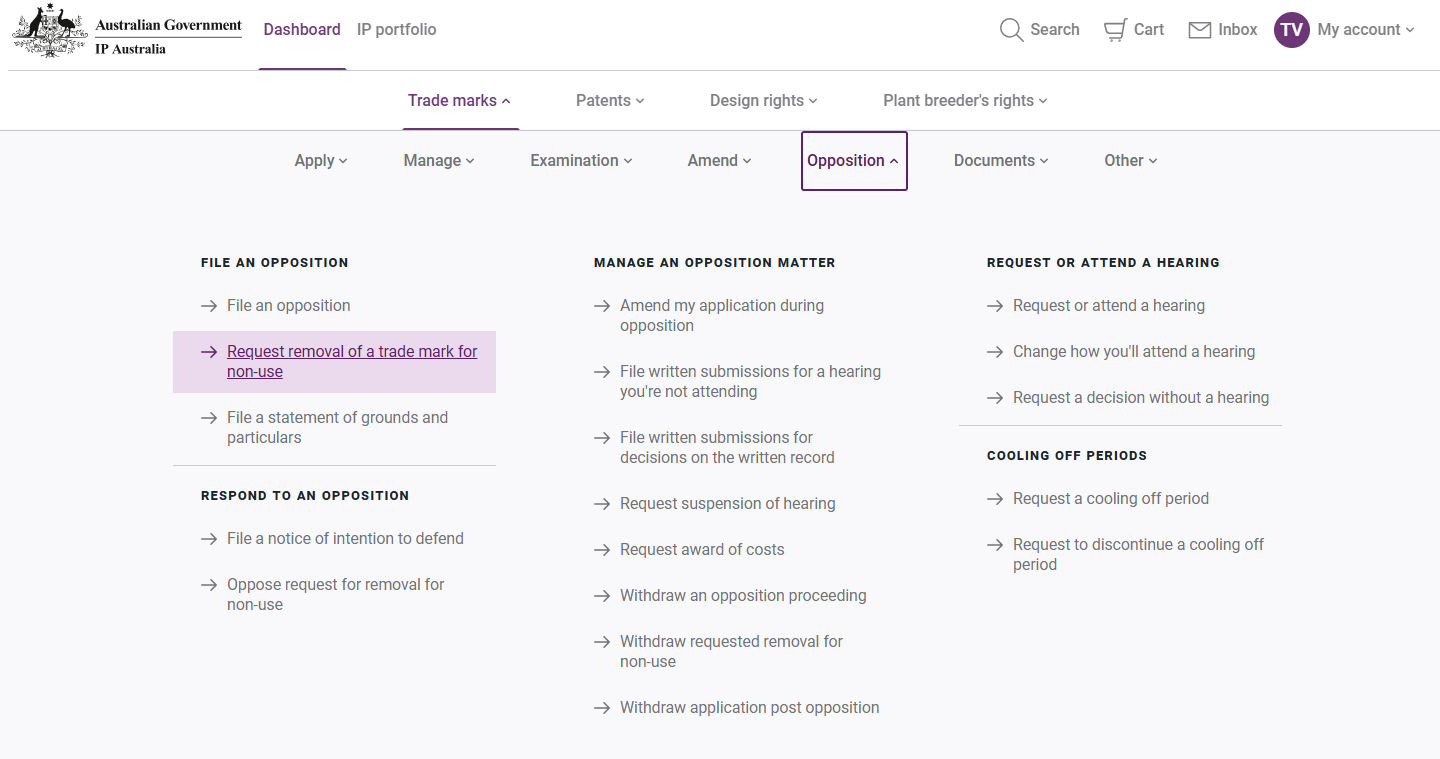 Location of where to submit a notice of intention to defend on IP Australia's Online Services Portal.