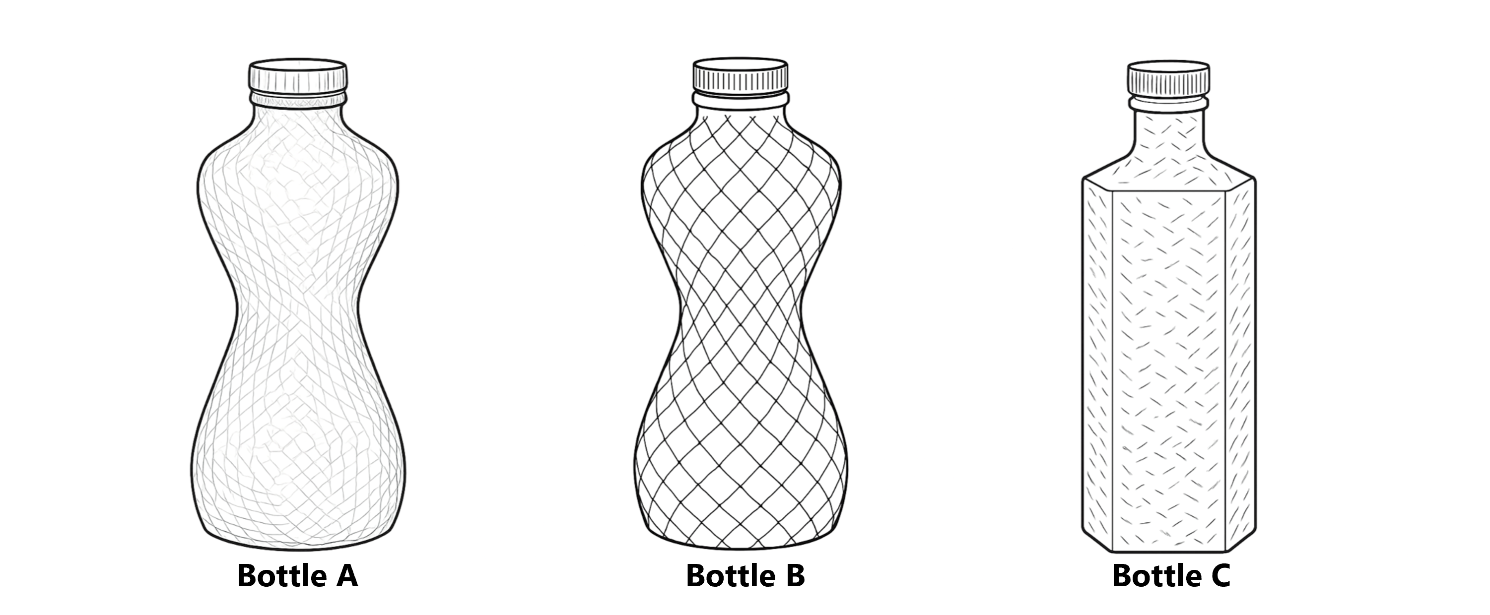 Three line drawings of distinctive bottles.