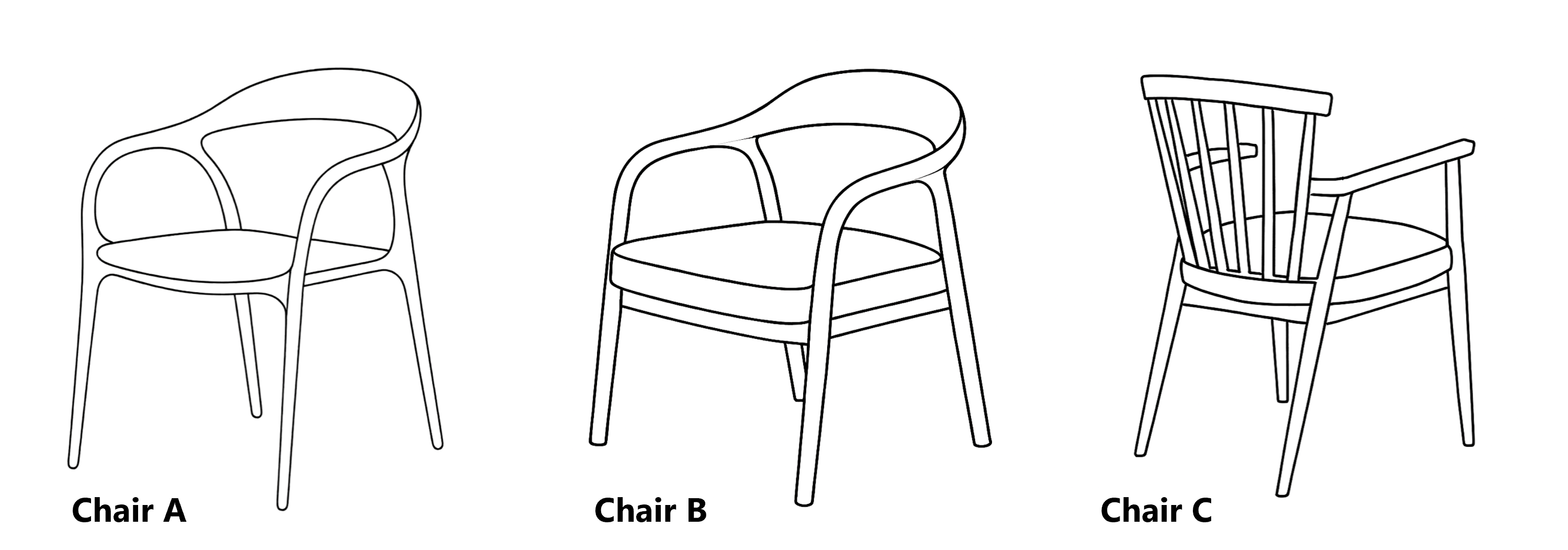 Three lines drawings of different chairs.