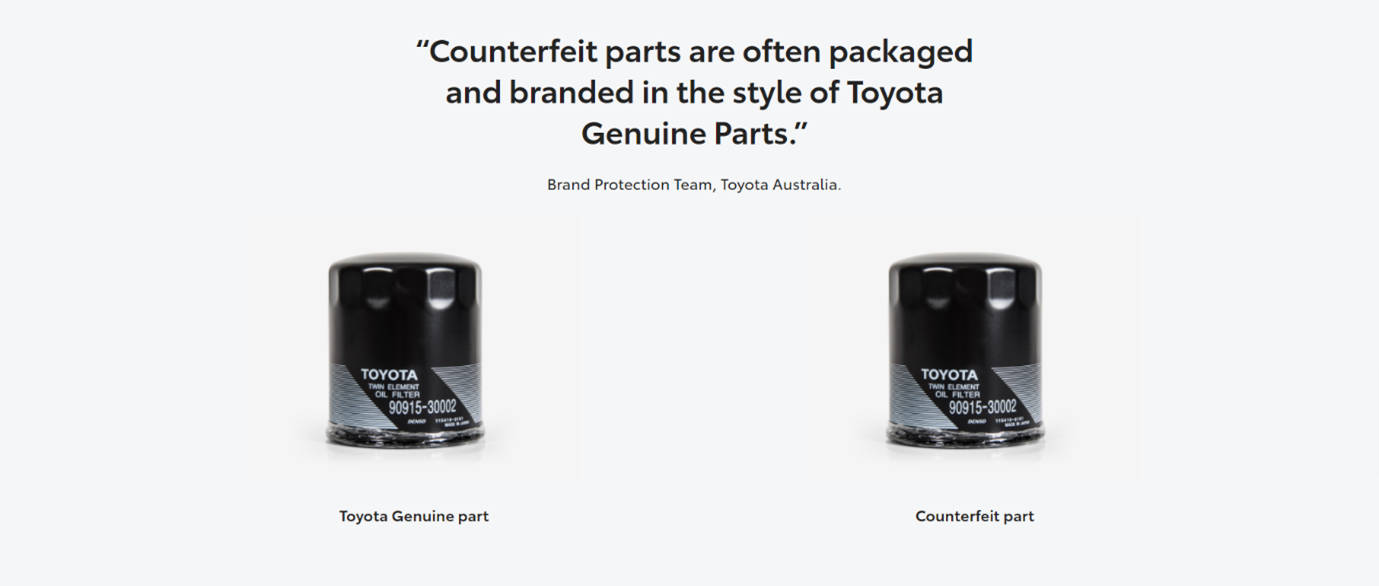 An image comparing a counterfeit auto part and a genuine Toyota brand auto part