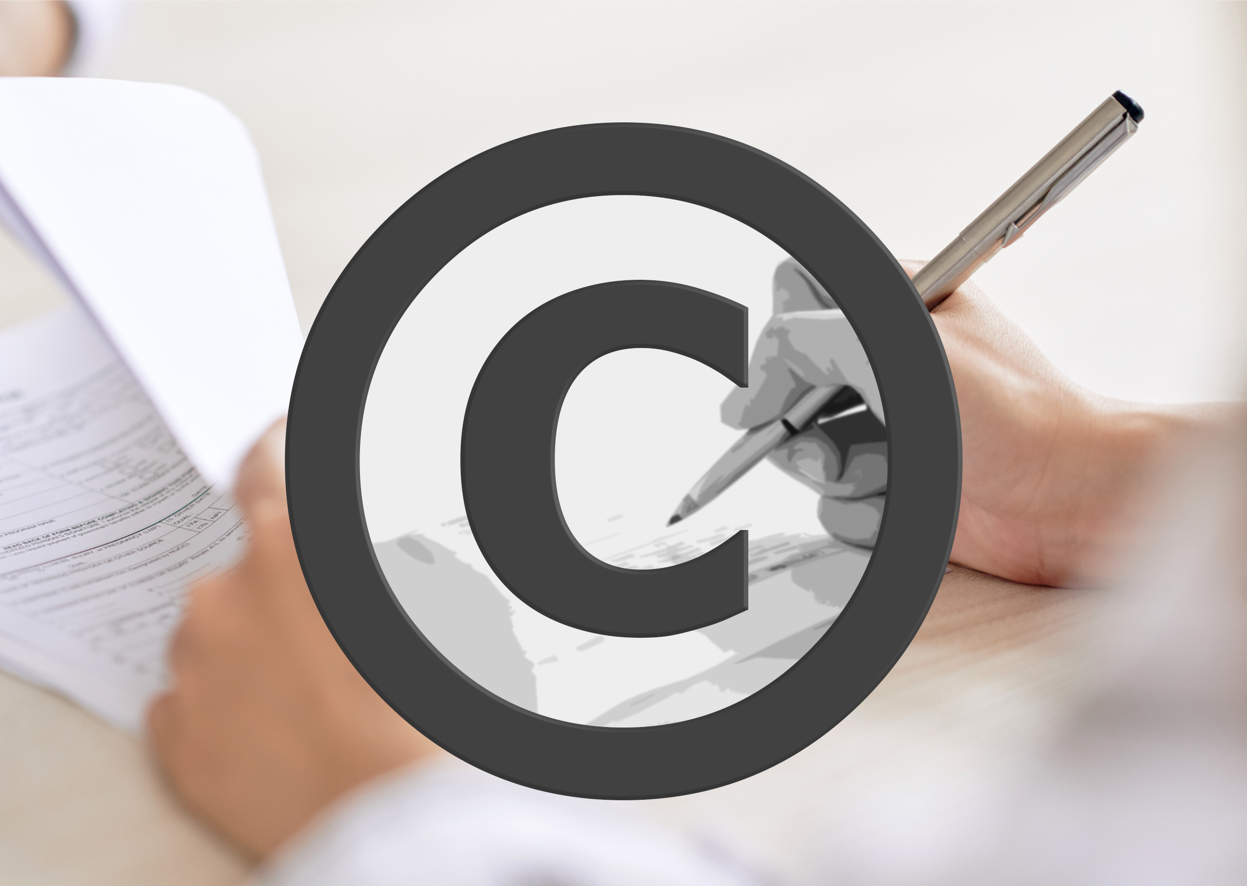 A person signing a contract with a large 'C' for copyright over the centre