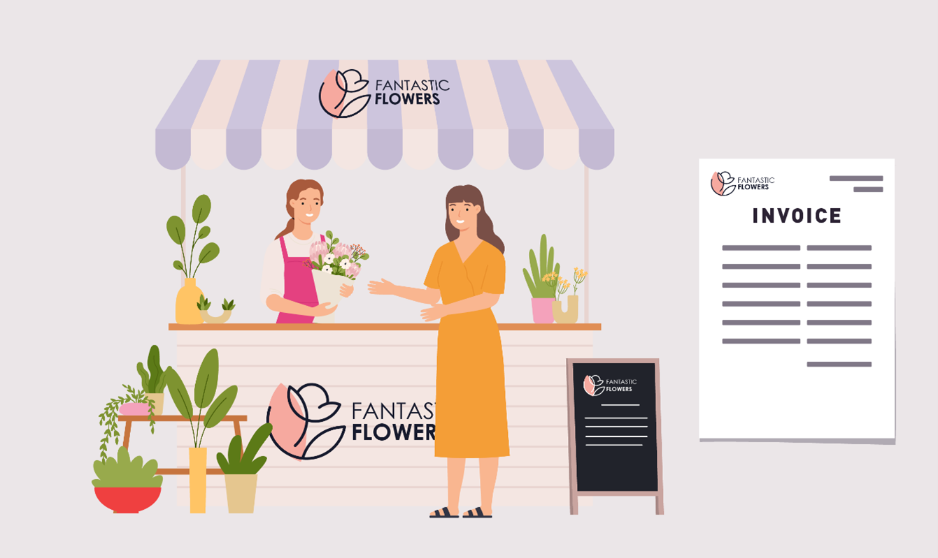 A flower stall with signage reading "fantastic flowers" with a logo and an invoice with the same logo and name