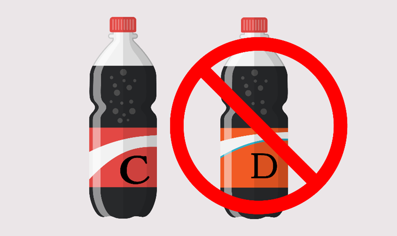 two very similar cola bottles labelled C and D, where D has a different red coloured label, with a cross through it