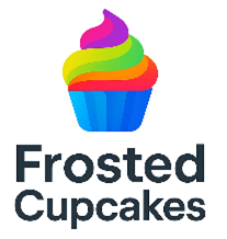 a logo of a cupcake with a rainbow frosting, underneath are the words "Frosted Cupcakes" as part of the logo