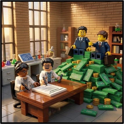 Two lego figures signing a document at a desk, while two Lego lawyers oversee atop a large pile of green banknotes and coins