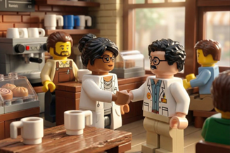 Two Lego figures shaking hands in a Lego coffee shop