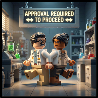 Two lego figures steaping in opposite directions with a sign reading 'approval required to proceed'