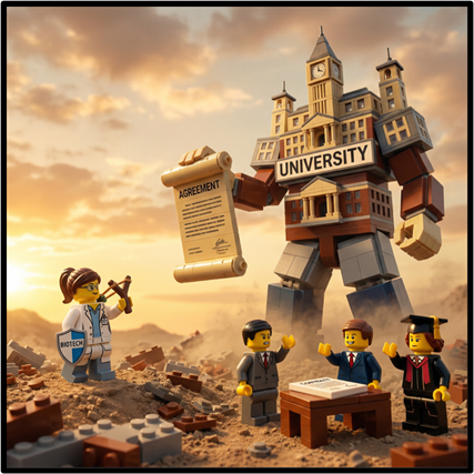 A lego scientist with a slingshot aiming at a lego university personified as a giant holding an agreement