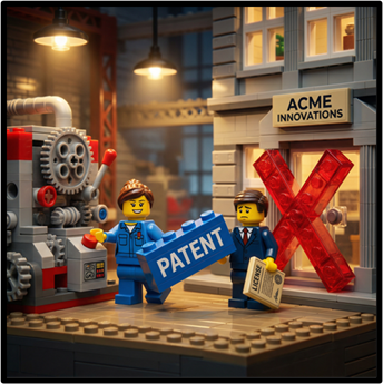 A Lego figure holding a Lego block labelled 'patent'