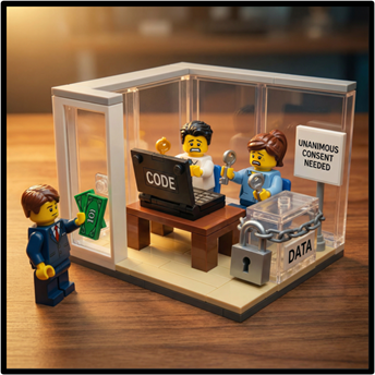 Lego figures working on a laptop labelled 'code' and a chained up treasure chest labelled 'data'