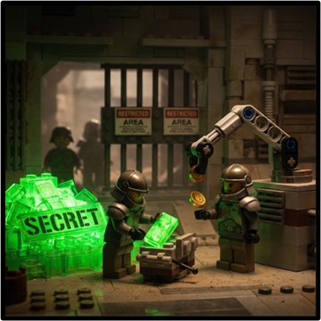 Lego figures mining glowing green Lego blocks labelled 'secret'