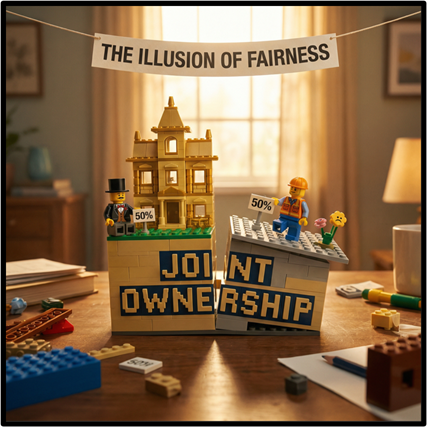 A Lego platform labelled 'joint ownership' split in half, with a banner above reading 'the illusion of fairness'