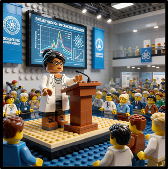 A lego scientist standing at a lectern