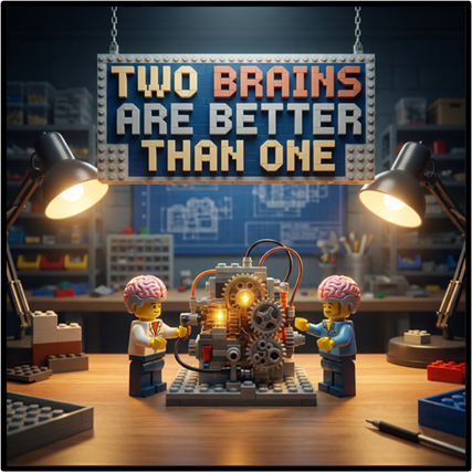 Two lego figures working on a machine with a sign reading 'two brains are better than one'