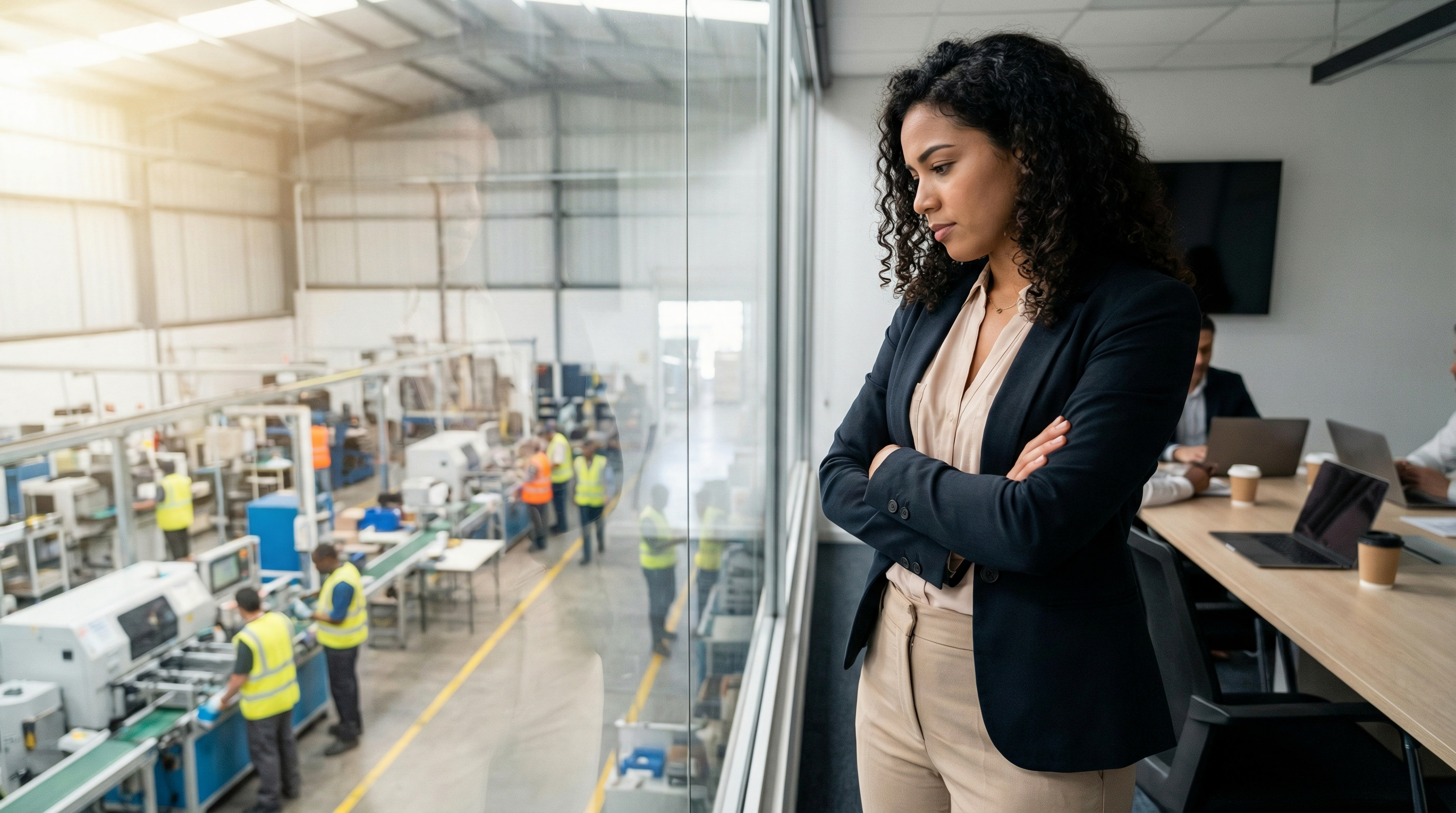 A woman watches a factory floor through a window in a board room