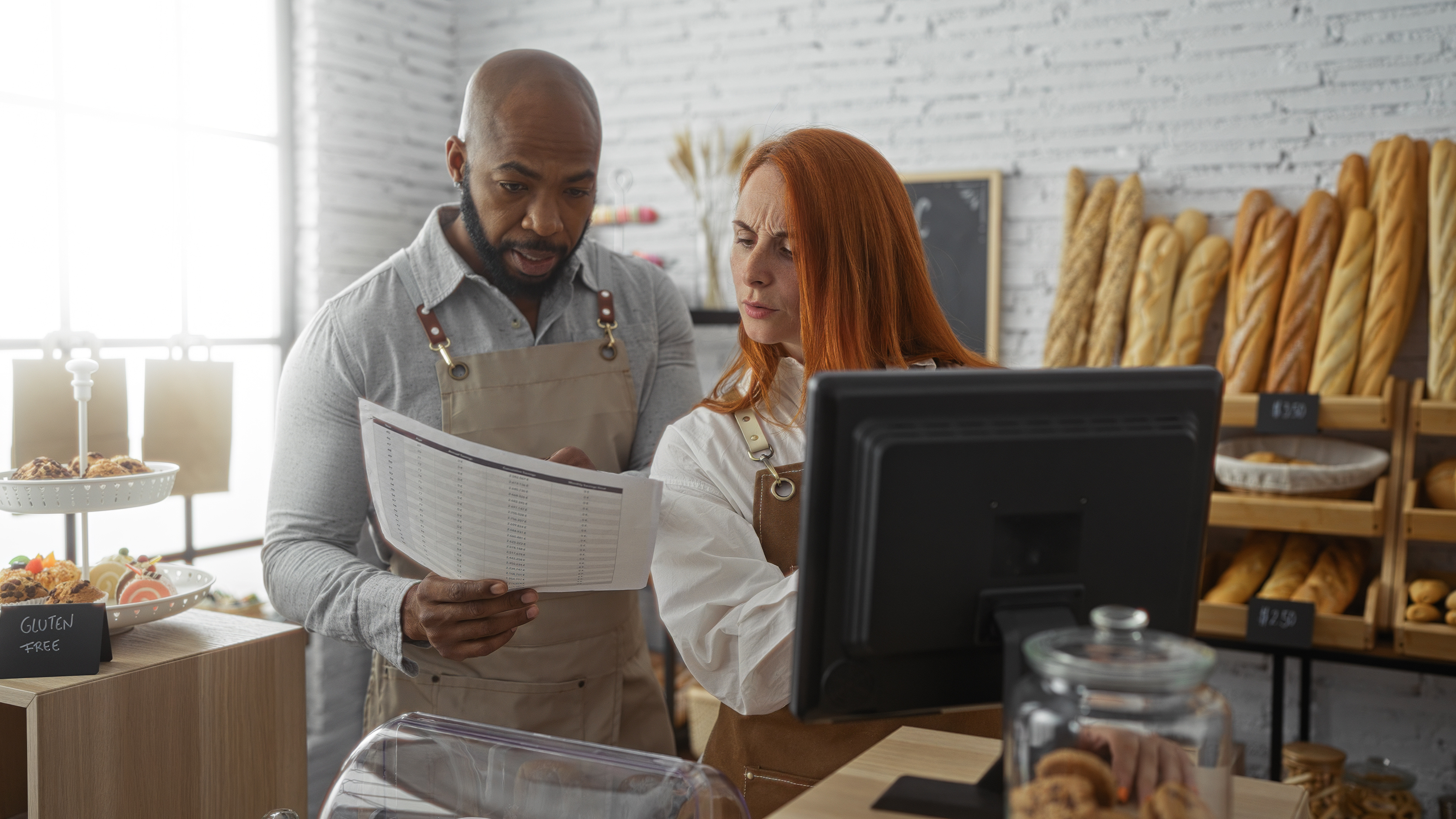 A woman at a point-of-sale terminal looking at a spreadsheet held by a man, both standing and wearing aprons.