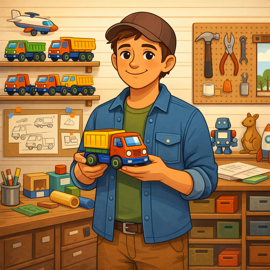 A cartoon of a man in a workshop holding a toy truck.